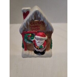 Vintage 1979 Ceramic Happy Holidays Christmas House Santa's WORKSHOP Bank 4.5"